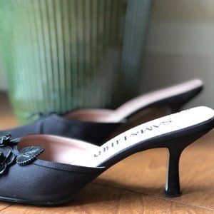 Black satin kitten heel mule